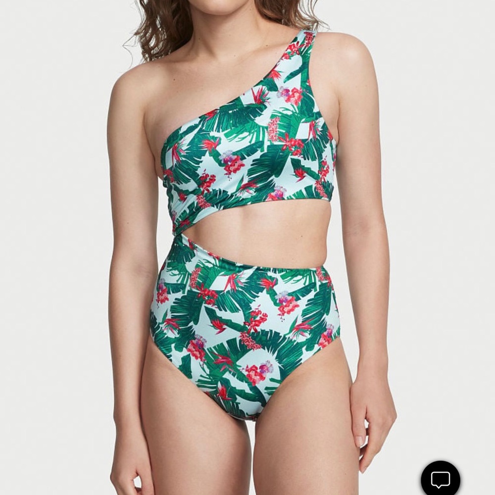 NWT VICTORIA'S SECRET SWIM Cut Out One-Piece Swimsuit Tropical Palm Sz Large NEW